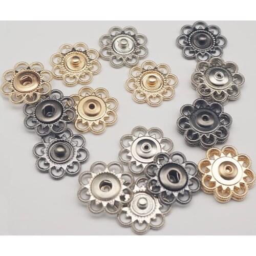 50pairs/lot Hollow Flower Shaped Metal Snap Buttons Gold, Silver, Gun Metal Color Garment DIY Sewing Accessories For Clothes