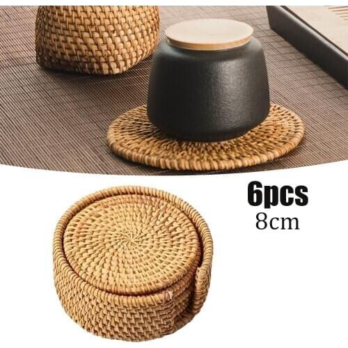 6pcs Coaster Handcrafted Woven Rattan Heat-insulating Placemats Coffee Drink Cup Mats with Storage Holder for Home Kitchen Decor