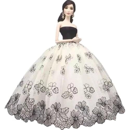 White Black Floral Multi Layer Lace Princess Dress 1/6 BJD Doll Clothes for Barbie Accessories Off Shoulder Outfits Wedding Gown