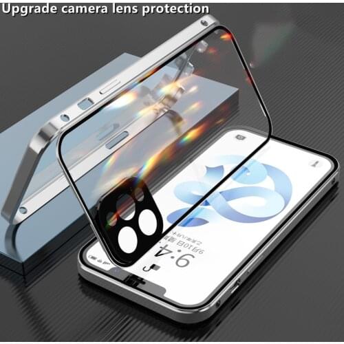 Double Sided Glass Magnetic Metal Phone Case for IPhone 11 12 Mini Pro Max XS Max XR with Camera Lens Protection Magnet Cover