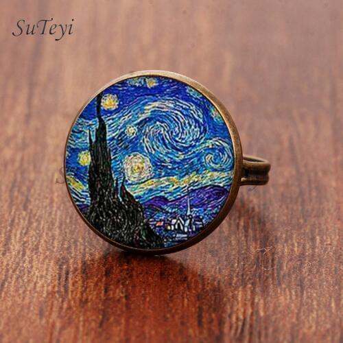 SUTEYI Classic Round Glass Rings Art Painting Adjustable Ring The Starry Night by Vincent Van Gogh 1889 Handmade Keepsake Ring