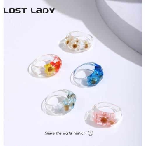Lost Lady Fashion Transparent Chunky Epoxy Resin Rings Cute Multicolor Dried Flower Finger Rings for Women Party Jewelry Gifts