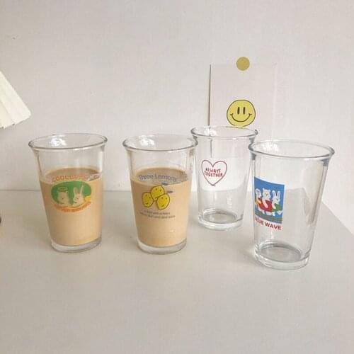 Korean Glass Water Cup Illustration Cartoon Milk Coffee Cup Juice Breakfast Cup Glass Straw Cup Lovely Love Lemon Bear Cup