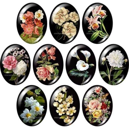Beauty Blooming flowers lily Rose 13x18mm/18x25mm/30x40mm mixed Oval photo glass cabochon demo flat back Jewelry findings TB0043