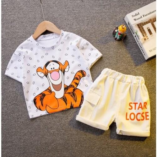 Darling, short sleeve, summery, boys'and girls', cotton, cartoon, t-shirts, pants, two casual outfits, two-piece kiddie outfits