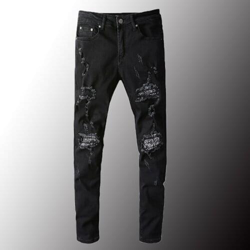 New Mens Bandanna Paisley Patchwork Ripped Jeans Streetwear Slim Skinny Stretch Denim Pants High Quality Plus Size 40