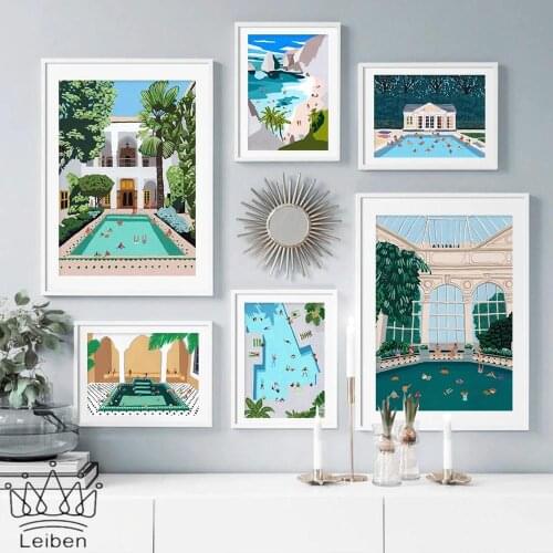 Swimming Pool Party Holiday Canvas Painting Summer Vacation Landscape Abstract Wall Art Canvas Painting for Living Room Decor