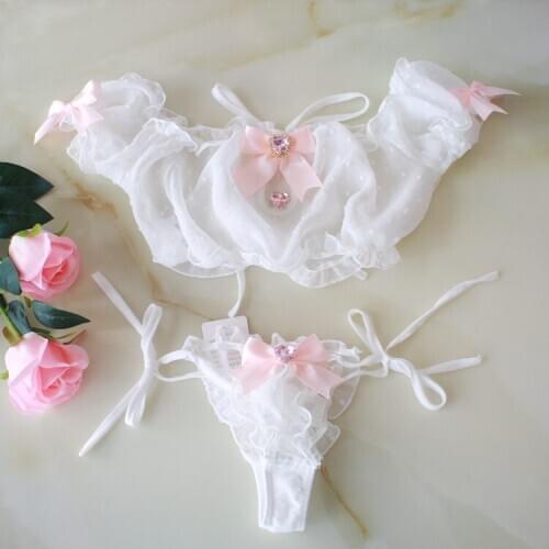 Handmade White Dots Transparent Short Shirt & Panties Set Bubble One Shoulder Heart Button Sexy Cute Exotic Appreal