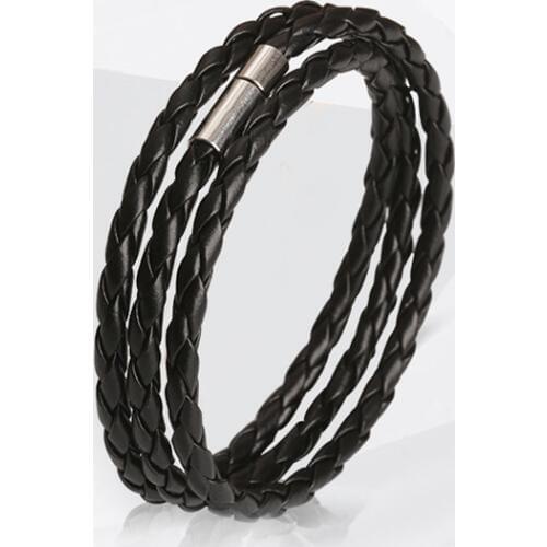 New Style Latest Popular 3 Laps Black Leather with stainless steel buckle Bracelet For Men Charm Vintage Black Bracelet