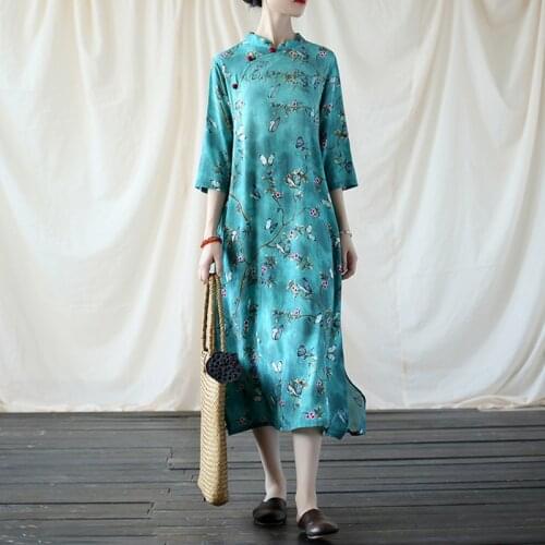 Women Cotton Linen Printed Qipao Dress Ladies Vintage Cheongsam Female Cotton Linen Autumn Dresses Chinese Style Dress