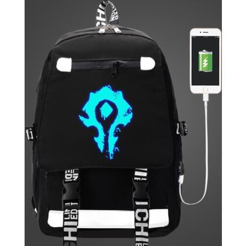 Craft The Horde Backpack USB Bag travel School Luminous Book Bag USB Fashion teenagers Casual Laptop Zipper bag Glow in the dark