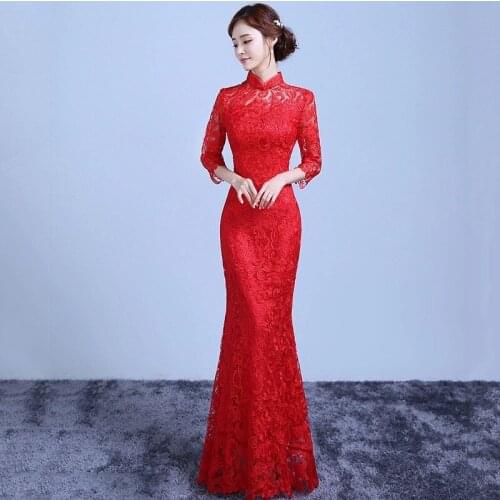 S-5XL Red Vintage Button Trim Novelty Cheongsam Women Sexy Slim Lace Banquet Gown Exquisite Long Chinese Formal Party Dress