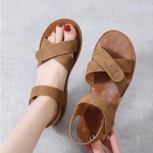 Womens Sandals Summer PU Hook Loop Female Flat Shoes Open Toe Classic Ladies Sandals Casual Rome Soft Leather Beach Shoes 2021