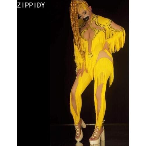 Yellow Fringe Spandex Jumpsuit Prom Singer Show Costume Bar DS Skinny Stage Wear Women Dance Show Tassel Leggings