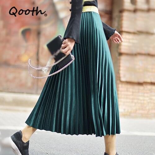 Qooth 2020 Winter Women Elegant Pleated Skirt Elastic Waist Women Long Skirt Female Autumn Ladies High Quality Midi Skirt Saia