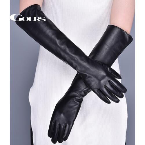 Gours Long Genuine Leather Gloves for Women Winter Warm Black Real Sheepskin Finger Touch Screen Glove Fashion Mitten New GSL079
