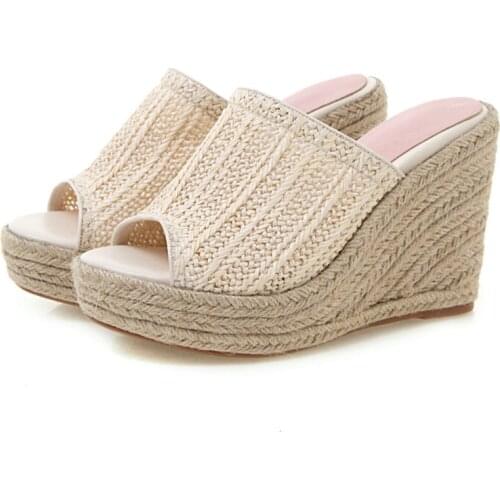 AGODOR Women Slippers Wedge High Heels Platform Mules Wedges Espadrille Outdoor Slides 2020 New Peep Toe Ladies Summer Shoes