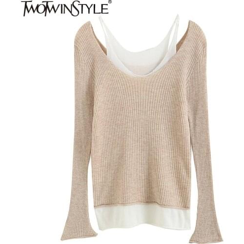 TWOTWINSTYLE Black Casual Slim Solid Fake Two Sweater Female Round Neck Long Sleeve Korean Fashion Sweaters For Women Autumn New