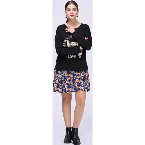 Womens Fall 2021 New Large Size Female Long Sleeve Cartoon Pattern Fat MM Casual Fashion Street Party T-shirt Floral Dress