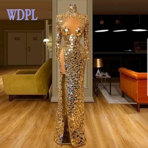 Custom Gold Sparkle Evening Dresses Long Sleeves vestido de fiesta Crystals Evening Party Dress Sexy Split Plus Size