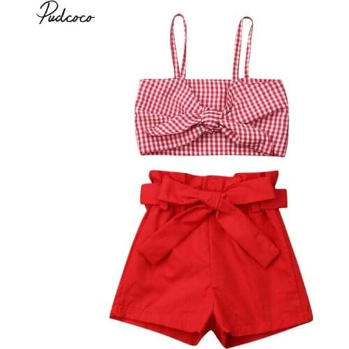 2019 Brand Infant Kids Baby Girl Clothes Summer Bowknot Plaid Crop Tops Solid Pants Shorts Outfit Set New Fashion 2Pcs Clothing
