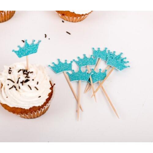 Turquoise glitter crown Cupcake Toppers - boy birthday baby shower wedding cake topper party toothpicks food pick