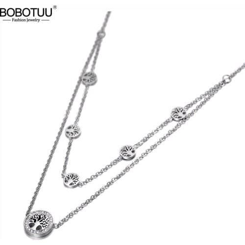 BOBOTUU Original Design Titanium Stainless Steel Double Layer Tree Choker Necklaces Rhinestone Plant Necklace For Women BN20007