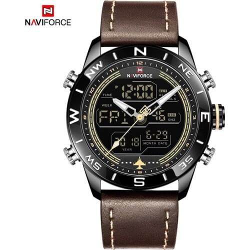 NAVIFORCE Men Quartz Watch Military Sports Leather Strap Waterproof Dual Time Led Digital Luminous Big Clock Wrist Watch Male