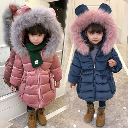 Cold winter teenage girls kids clothes outfits thick cotton jacket for children girls clothing hooded fur collar outerwear coats
