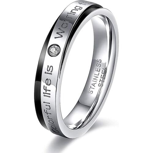 EAMTI Stainless Steel Ring Two-tone Double Ring Polished Zircon Wedding Ring for Men and Women with Lettering Letters