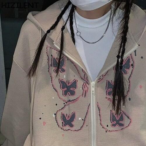 Khaki Zip Hooded Sweatshirt Waffle Winter Jacket Top Oversized Hoodie butterfly Retro Pocket Woman Clothes Long Sleeve Pullover