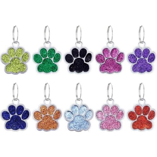 1PCs 25mm Dog Cat Pet ID Tags Reflective Pet Supply Shiny Glitter Paw Shape Pet Dog Cat ID Tag Keychain with Ring Paw Print Tag