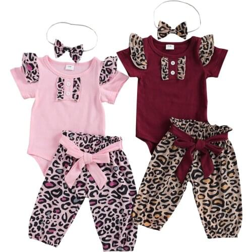 Lioraitiin 0-12M Newborn Infant Baby Girl Leopard Romper Suit Short Sleeves Round Neck Elastic Head Long Pants Bowknot Hairband
