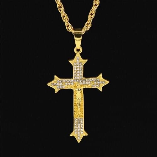 Hip Hop Iced Out Gold Color Cross Pendant Necklace Men Religious AAA Crystal Zircon Crucfix Mens Necklace Chain Rapper Jewelry