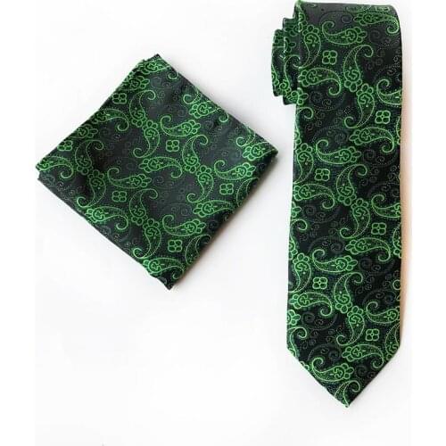 Fashion Mens Necktie Set Summer Spring Cool Green Paisley Cravat with Pocket Square