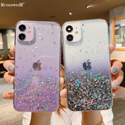 Soft Transparent Cute Gradient Glitter Phone Case For iPhone 12 Mini 11 Pro Max X XR 7 8 Plus SE2 Slim Bumper Back Sequins Cover