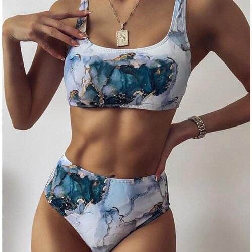 Summer New Sexy Bikini Womens Print Sport Stripe Push Up Marble High Waist Swimsuit Beach Wear