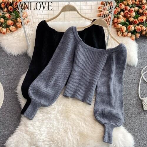 OCEANLOVE Lantern Sleeve Women Sweaters Solid Short Vintage Autumn Winter Sueters De Mujer Square Neck Slim Pull Femme