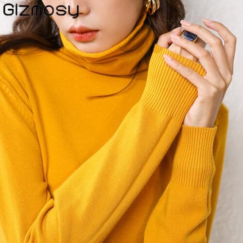 Gizmosy 2020 Autumn winter knitted sweater women turtleneck pullover basic sweater loose cotton pullobver jumper women plus size