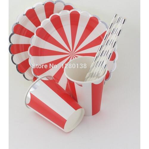 Retro Red Mint Snack Paper Party Plates Cocktail Straws Drinking Cups Metallic Silver Foil Events Party Supply Striped Tableware
