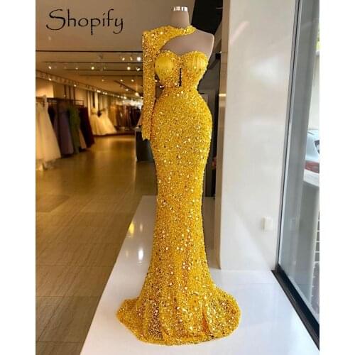 Luxury Sexy Mermaid Single Long Sleeve Beads Sequin Gold African Women Formal Long Evening Dresses 2021