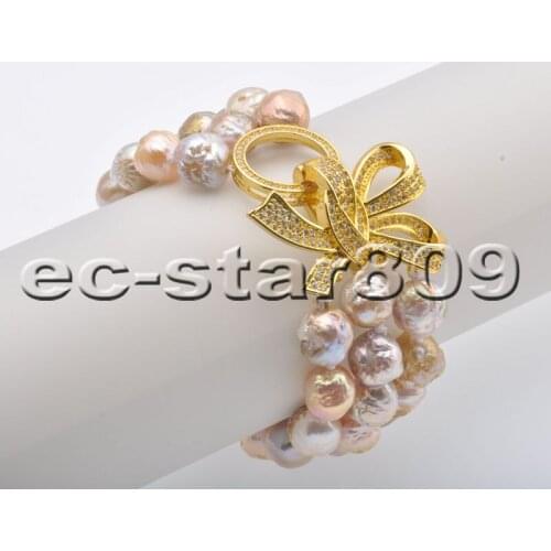 P6771 3row 8" 11mm Pink Lavender Almost-Round Edison Keshi Pearl Bracelet CZ