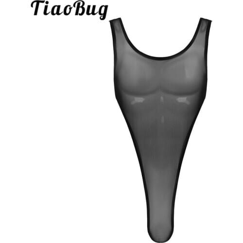 TiaoBug Men Lingerie See Through Sheer Mesh Deep U Neck Sleeveless High Cut Singlet Sexy Bodysuit Transparent Erotic Nightwear