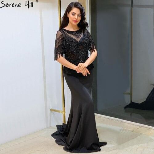 Burgundy Mermaid Tassel Beading Evening Dress Long 2021 Tulle Half Sleeves Satin Formal Party Wear Gown BLA70542 Serene Hill