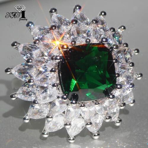 YaYI Jewelry Princess Cut 20*20mm 31CT Green Zircon Silver Color Engagement Lovers wedding Heart Valentines Day Girls ring