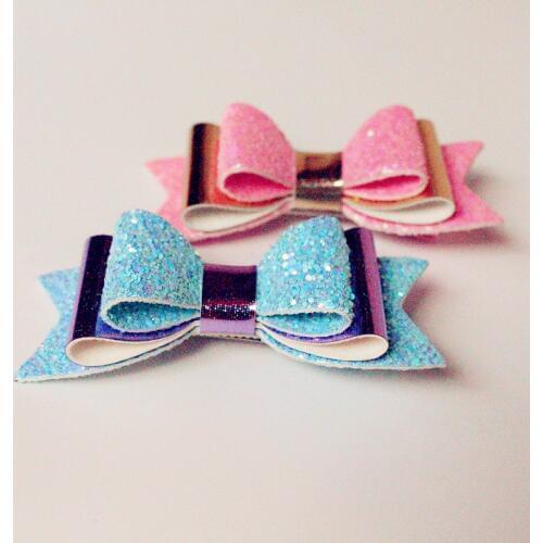 Three Layers Synthetic Leather Glitter Felt Shinning Cute Bows Hairpins 12pcs/lot Wholesale Hair Clips Felt Kids Top Quality
