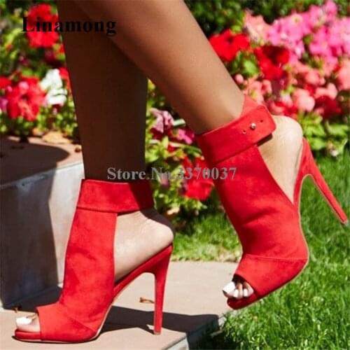 Women Fashion Peep Toe Suede Leather Thin Heel Short Boots Cut-out Ankle Strap Red Black High Heel Ankle Booties