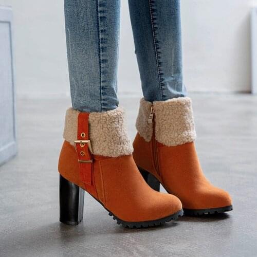 YMECHIC Fashion Suede High Heels Warm Fur Snow Boots Buckle Strap Design Green Black Ankle Boots for Women Daily Shoes Winter