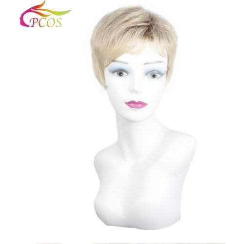 Female Short Blonde Synthetic Dark roots Wig with Bangs for Women Daily Hair Natural Straight Wigs