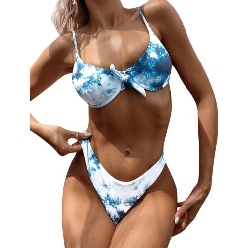 Women\s 2Pcs Tie-dyed Bikini Suit Low Neck Back Lace-up Tank Tops with Triangle Bottoms for Beach/Swimming